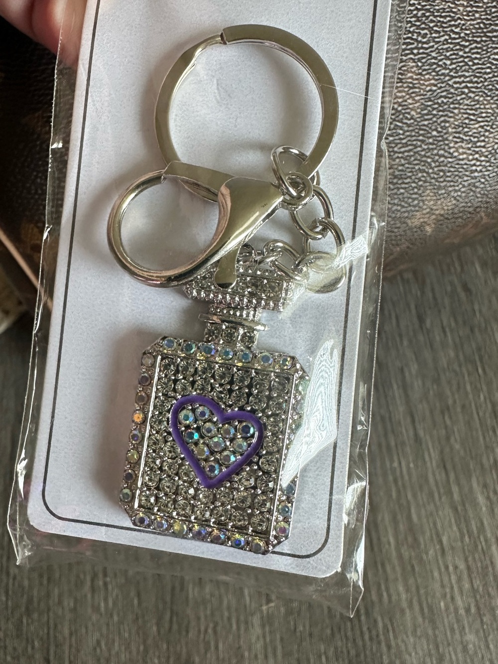 Silver Crystal Perfume Bottle Bag Charm Keychain w/Purple Heart Charm NWT